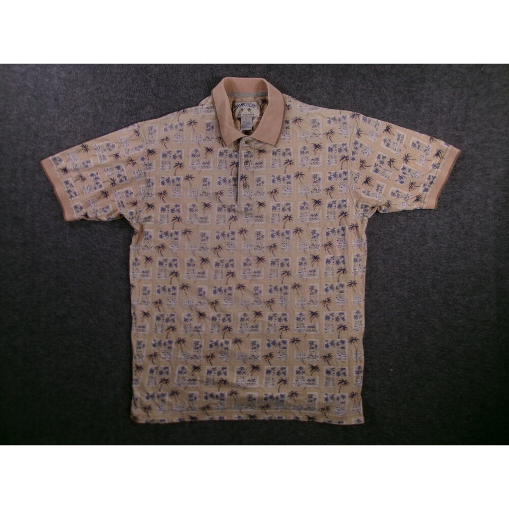 Bamboo Cay Polo Shirt Men M Beige Plum Tree Hawaiian Aloha Floral Tropical SEE